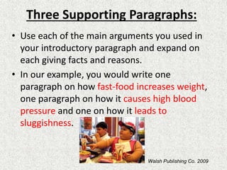 Three Supporting Paragraphs:
• Use each of the main arguments you used in
your introductory paragraph and expand on
each giving facts and reasons.
• In our example, you would write one
paragraph on how fast-food increases weight,
one paragraph on how it causes high blood
pressure and one on how it leads to
sluggishness.
Walsh Publishing Co. 2009
 