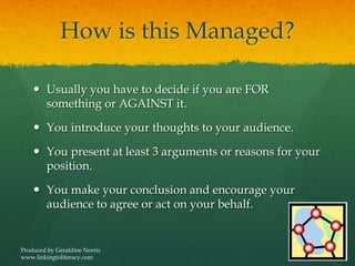 How is this Managed?
 Usually you have to decide if you are FOR
something or AGAINST it.
 You introduce your thoughts to your audience.
 You present at least 3 arguments or reasons for your
position.
 You make your conclusion and encourage your
audience to agree or act on your behalf.
Produced by Geraldine Norris
www.linkingtoliteracy.com
 