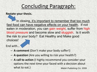 Concluding Paragraph:
Restate your thesis.
End with…
– A comment (Don’t make your body suffer!)
– A question (Are you willing to risk your health?)
– A call to action (I highly recommend you consider your
options the next time your faced with a decision about
what to eat.)
In closing, it’s important to remember that too much
fast food can have negative effects on your health. If not
eaten in moderation, you can gain weight, suffer from high
blood pressure and become slow and sluggish. Is it worth
the risk to your body? Eat Healthy and Make good
choices!
Walsh Publishing Co. 2009
 