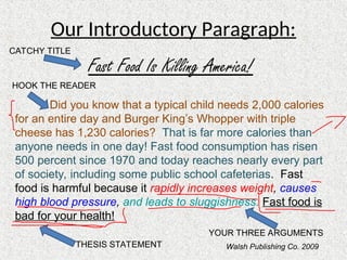 Our Introductory Paragraph:
Fast Food Is Killing America!
Did you know that a typical child needs 2,000 calories
for an entire day and Burger King’s Whopper with triple
cheese has 1,230 calories? That is far more calories than
anyone needs in one day! Fast food consumption has risen
500 percent since 1970 and today reaches nearly every part
of society, including some public school cafeterias. Fast
food is harmful because it rapidly increases weight, causes
high blood pressure, and leads to sluggishness. Fast food is
bad for your health!
CATCHY TITLE
HOOK THE READER
THESIS STATEMENT
YOUR THREE ARGUMENTS
Walsh Publishing Co. 2009
 