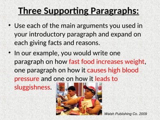 Three Supporting Paragraphs:
• Use each of the main arguments you used in
your introductory paragraph and expand on
each giving facts and reasons.
• In our example, you would write one
paragraph on how fast food increases weight,
one paragraph on how it causes high blood
pressure and one on how it leads to
sluggishness.
Walsh Publishing Co. 2009
 