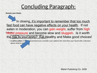 Concluding Paragraph:
Restate your thesis.
End with…
– A comment (Don’t make your body suffer!)
– A question (Are you willing to risk your health?)
– A call to action (I highly recommend you consider your options the next time your faced with a decision
about what to eat.)
In closing, it’s important to remember that too much
fast food can have negative effects on your health. If not
eaten in moderation, you can gain weight, suffer from high
blood pressure and become slow and sluggish. Is it worth
the risk to your body? Eat Healthy and Make good choices!
Walsh Publishing Co. 2009
 
