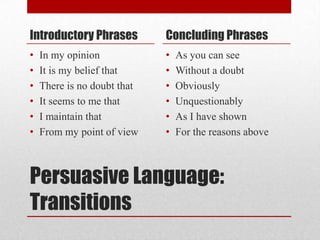Introductory Phrases

Concluding Phrases

•
•
•
•
•
•

•
•
•
•
•
•

In my opinion
It is my belief that
There is no doubt that
It seems to me that
I maintain that
From my point of view

As you can see
Without a doubt
Obviously
Unquestionably
As I have shown
For the reasons above

Persuasive Language:
Transitions

 