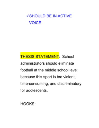 SHOULD BE IN ACTIVE
     VOICE




THESIS STATEMENT: School
administrators should eliminate
football at the middle school level
because this sport is too violent,
time-consuming, and discriminatory
for adolescents.


HOOKS:
 