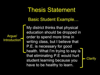 Thesis StatementBasic Student Example…My district thinks that physical education should be dropped in order to spend more time in writing class, but I believe that P.E. is necessary for good health. What I’m trying to say is that eliminating P.E would hurt student learning because you have to be healthy to learn. Argue/IntroductionClarify