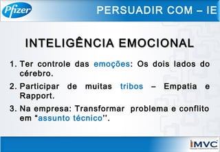 INTELIGÊNCIA EMOCIONALINTELIGÊNCIA EMOCIONAL
1. Ter controle das emoções: Os dois lados do
cérebro.
2. Participar de muitas tribos – Empatia e
Rapport.
3. Na empresa: Transformar problema e conflito
em “assunto técnico’’.
PERSUADIR COM – IE
 