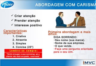  Criar atenção
 Prender atenção
 Interesse positivo
Características
importantes:
DIGA SORRINDO:
−Seu nome (sua marca).
−Nome da sua empresa.
−O que vende.
−Faça uma pergunta orientada
para o seu sim.
Primeira abordagem a mais
difícil.
1. Criativa
2. Atraente
3. Simples
4. Concisa (25")
ABORDAGEM COM CARISMA
 