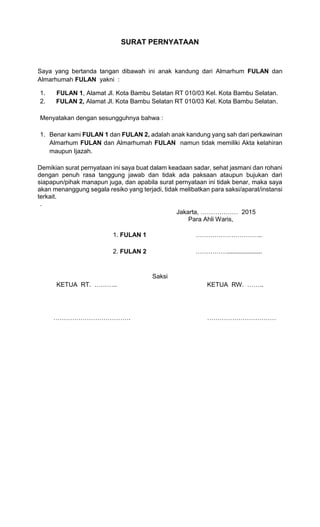 Persyaratan Contoh Surat Pernyataan Ahli Waris