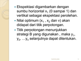  Ekspektasi digambarkan dengan
  sumbu horizontal x1 (0 sampai 1) dan
  vertikal sebagai ekspektasi perolehan.
 Nilai optimum (x1 , x2 dan v) akan
  didapat dari titik perpotongan.
 Titik perpotongan menunjukkan
  strategi B yang digunakan , maka y1,
  y2, …yn selanjutnya dapat ditentukan.




                       NURHALIMA       11
 