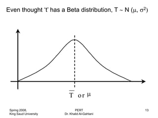 Even thought „t‟ has a Beta distribution, T     N( ,   2)




                           T or

 Spring 2008,                  PERT                    13
 King Saud University   Dr. Khalid Al-Gahtani
 