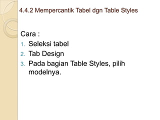 4.4.2 Mempercantik Tabel dgn Table Styles
Cara :
1. Seleksi tabel
2. Tab Design
3. Pada bagian Table Styles, pilih
modelnya.
 