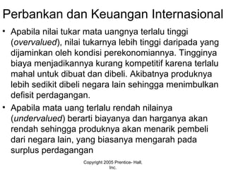 Perbankan dan Keuangan Internasional
• Apabila nilai tukar mata uangnya terlalu tinggi
(overvalued), nilai tukarnya lebih tinggi daripada yang
dijaminkan oleh kondisi perekonomiannya. Tingginya
biaya menjadikannya kurang kompetitif karena terlalu
mahal untuk dibuat dan dibeli. Akibatnya produknya
lebih sedikit dibeli negara lain sehingga menimbulkan
defisit perdagangan.
• Apabila mata uang terlalu rendah nilainya
(undervalued) berarti biayanya dan harganya akan
rendah sehingga produknya akan menarik pembeli
dari negara lain, yang biasanya mengarah pada
surplus perdagangan
Copyright 2005 Prentice- Hall,
Inc.
 