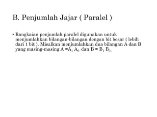 B. Penjumlah Jajar ( Paralel )
• Rangkaian penjumlah paralel digunakan untuk
menjumlahkan bilangan-bilangan dengan bit besar ( lebih
dari 1 bit ). Misalkan menjumlahkan dua bilangan A dan B
yang masing-masing A =A1 A0 dan B = B1 B0 .
 