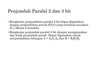 Penjumlah Paralel 2 dan 3 bit
• Rangkaian penjumlahan paralel 2 bit dapat digantikan
dengan penjumlahan penuh (FA1) yang terminal masukan
(C1) dibuat 0 (rendah).
• Rangkaian penjumlah paralel 3 bit dengan menggunakan
tiga buah penjumlah penuh. Dapat digunakan untuk
menjumlahkan bilangan A = A2A1A0 dan B = B2B1B0.
 