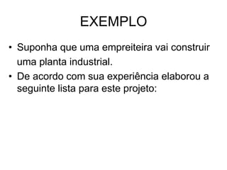 EXEMPLO
• Suponha que uma empreiteira vai construir
uma planta industrial.
• De acordo com sua experiência elaborou a
seguinte lista para este projeto:
 