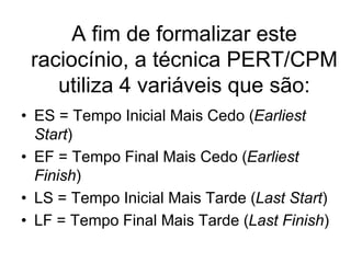 A fim de formalizar este
raciocínio, a técnica PERT/CPM
utiliza 4 variáveis que são:
• ES = Tempo Inicial Mais Cedo (Earliest
Start)
• EF = Tempo Final Mais Cedo (Earliest
Finish)
• LS = Tempo Inicial Mais Tarde (Last Start)
• LF = Tempo Final Mais Tarde (Last Finish)
 