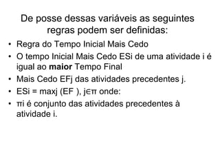 De posse dessas variáveis as seguintes
regras podem ser definidas:
• Regra do Tempo Inicial Mais Cedo
• O tempo Inicial Mais Cedo ESi de uma atividade i é
igual ao maior Tempo Final
• Mais Cedo EFj das atividades precedentes j.
• ESi = maxj (EF ), j∈π onde:
• πi é conjunto das atividades precedentes à
atividade i.
 