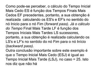 Como pode-se perceber, o cálculo do Tempo Inicial
Mais Cedo ES é função dos Tempos Finais Mais
Cedos EF precedentes, portanto, a sua obtenção é
realizada calculando os ES's e EF's no sentido do
nó Inicio para o nó Fim (forward pass). Já o cálculo
do Tempo Final Mais Tarde LF é função dos
Tempos Iniciais Mais Tardes LS sucessores,
portanto, a sua obtenção é realizada calculando os
LS's e LF's no sentido do nó Fim para o nó Início
(backward pass).
Outra conclusão importante sobre este exemplo é
que o Tempo Inicial Mais Cedo (ESJ) é igual ao
Tempo Inicial Mais Tarde (LSJ), no caso = 25. Isto
nos diz que não há
 