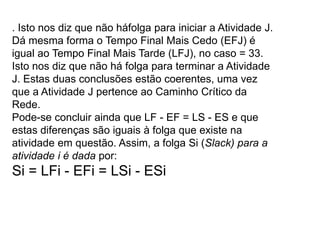 . Isto nos diz que não háfolga para iniciar a Atividade J.
Dá mesma forma o Tempo Final Mais Cedo (EFJ) é
igual ao Tempo Final Mais Tarde (LFJ), no caso = 33.
Isto nos diz que não há folga para terminar a Atividade
J. Estas duas conclusões estão coerentes, uma vez
que a Atividade J pertence ao Caminho Crítico da
Rede.
Pode-se concluir ainda que LF - EF = LS - ES e que
estas diferenças são iguais à folga que existe na
atividade em questão. Assim, a folga Si (Slack) para a
atividade i é dada por:
Si = LFi - EFi = LSi - ESi
 