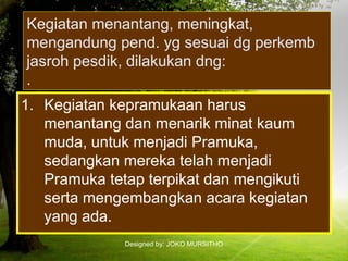 Designed by: JOKO MURSITHO
Kegiatan menantang, meningkat,
mengandung pend. yg sesuai dg perkemb
jasroh pesdik, dilakukan dng:
.
1. Kegiatan kepramukaan harus
menantang dan menarik minat kaum
muda, untuk menjadi Pramuka,
sedangkan mereka telah menjadi
Pramuka tetap terpikat dan mengikuti
serta mengembangkan acara kegiatan
yang ada.
 