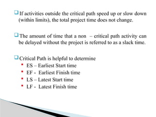 If activities outside the critical path speed up or slow down
(within limits), the total project time does not change.
The amount of time that a non – critical path activity can
be delayed without the project is referred to as a slack time.
Critical Path is helpful to determine
 ES – Earliest Start time
 EF - Earliest Finish time
 LS – Latest Start time
 LF - Latest Finish time
 