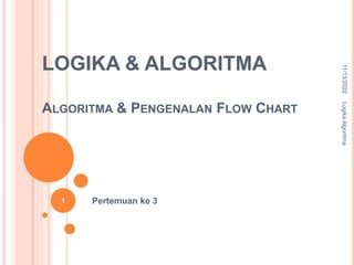 LOGIKA & ALGORITMA
ALGORITMA & PENGENALAN FLOW CHART
Pertemuan ke 3
11/13/2022
Logika
Algoritma
1
 