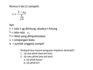 Rumus t-tes (1 sampel):
Ket:
t = nilai t yg dihitung, disebut t hitung
= rata-rata
= Nilai yang dihipotesiskan
s = simpangan baku
n = jumlah anggota sampel
Terdapat dua macam pengujian hipotesis deskriptif :
1. Uji dua pihak (two tail test)
2. Uji satu pihak (one tail test)
a. Uji pihak kanan
b. Uji pihak kiri
 