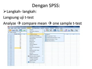 Dengan SPSS:
Langkah- langkah:
Langsung uji t-test
Analyze  compare mean  one sample t-test
 