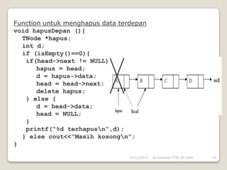 Function untuk menghapus data terdepan
void hapusDepan (){
  TNode *hapus;
  int d;
  if (isEmpty()==0){
   if(head->next != NULL){
       hapus = head;
       d = hapus->data;
       head = head->next;
       delete hapus;
   } else {
       d = head->data;
       head = NULL;
   }
   printf(“%d terhapusn“,d);
  } else cout<<"Masih kosongn";
}

                                 10/12/2012   Nurdiansah PTIK 09 UNM   23
 