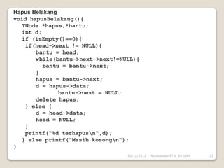 Hapus Belakang
void hapusBelakang(){
   TNode *hapus,*bantu;
   int d;
   if (isEmpty()==0){
    if(head->next != NULL){
       bantu = head;
       while(bantu->next->next!=NULL){
          bantu = bantu->next;
       }
       hapus = bantu->next;
       d = hapus->data;
               bantu->next = NULL;
       delete hapus;
    } else {
       d = head->data;
       head = NULL;
    }
    printf(“%d terhapusn“,d);
   } else printf(“Masih kosongn“);
}
                                  10/12/2012   Nurdiansah PTIK 09 UNM   25
 