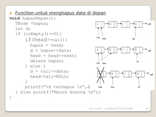  Function untuk menghapus data di depan
void hapusDepan(){
  TNode *hapus;
  int d;
  if (isEmpty()==0){
      if(head!=tail){
         hapus = head;
         d = hapus->data;
         head = head->next;
         delete hapus;
      } else {
         d = tail->data;
         head=tail=NULL;
      }
      printf(“%d terhapus n“,d);
  } else printf("Masih kosong n“);
}

                                10/12/2012   Nurdiansah PTIK 09 UNM   36
 