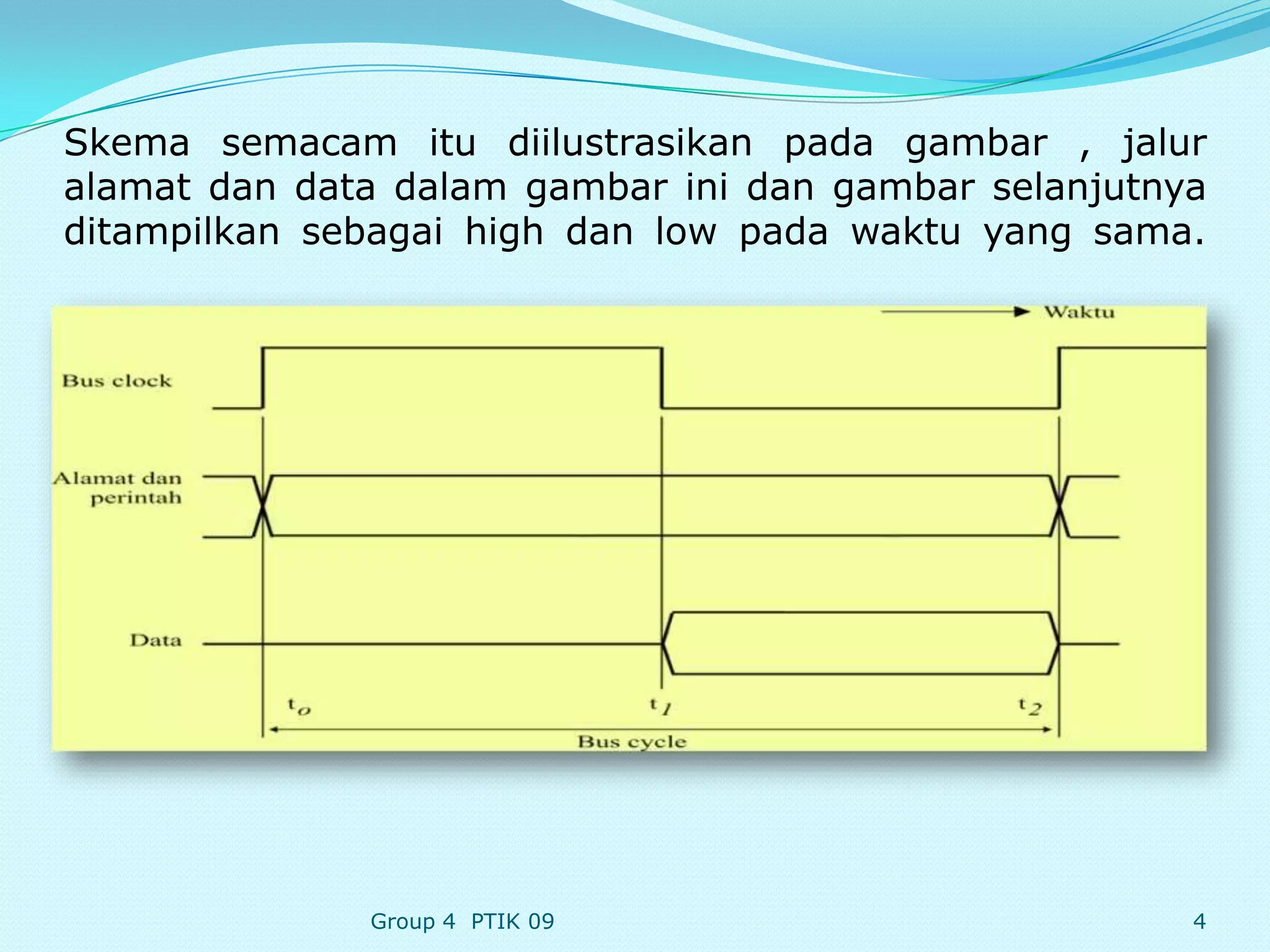 Skema semacam itu diilustrasikan pada gambar , jalur
alamat dan data dalam gambar ini dan gambar selanjutnya
ditampilkan sebagai high dan low pada waktu yang sama.




              Group 4 PTIK 09                         4
 
