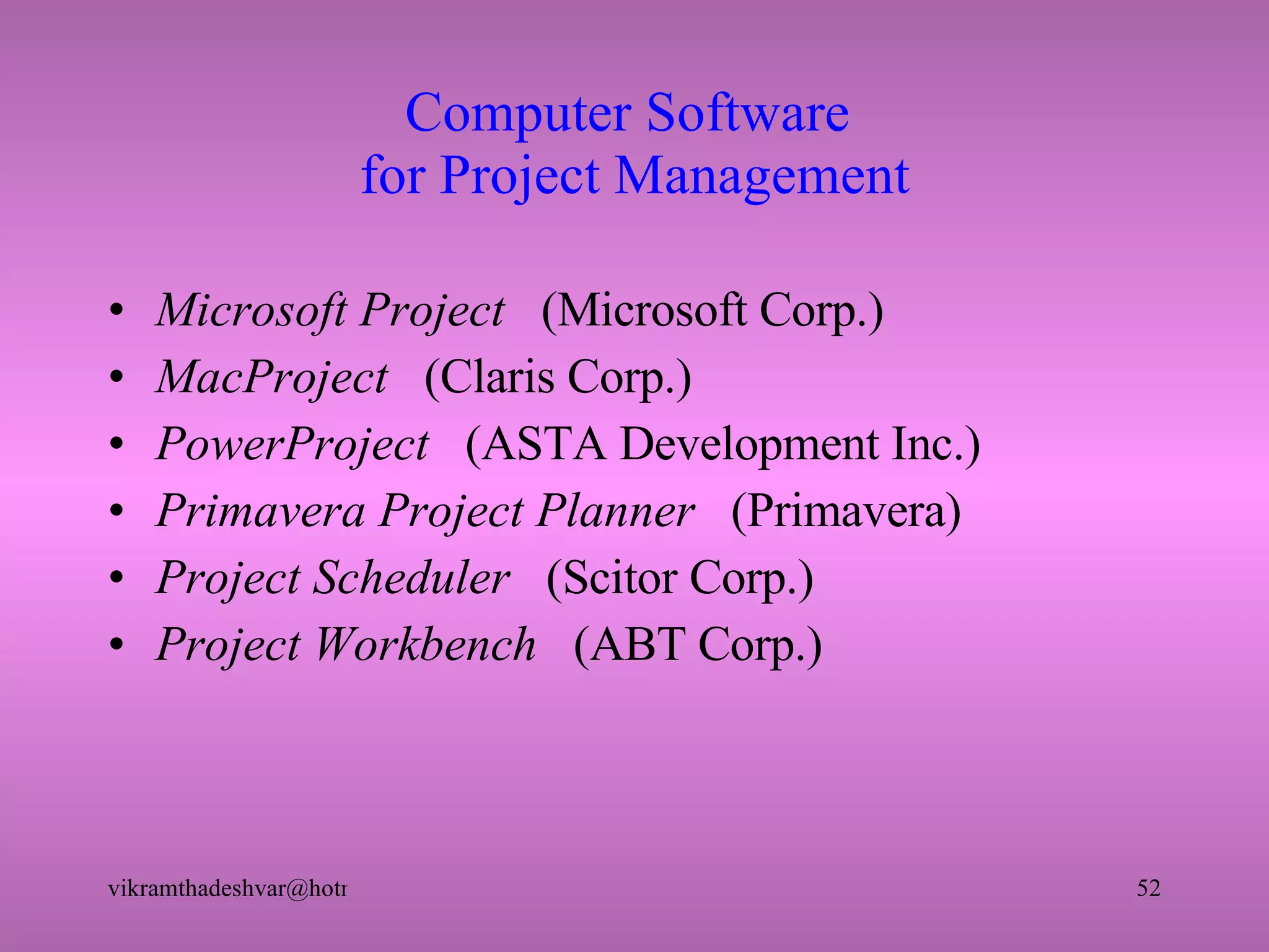 Computer Software  for Project Management Microsoft Project  (Microsoft Corp.) MacProject   (Claris Corp.) PowerProject   (ASTA Development Inc.) Primavera Project Planner   (Primavera) Project Scheduler   (Scitor Corp.) Project Workbench   (ABT Corp.) 