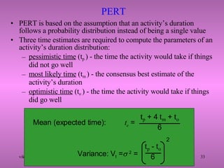 PERT  PERT is based on the assumption that an activity’s duration follows a probability distribution instead of being a single value Three time estimates are required to compute the parameters of an activity’s duration distribution: pessimistic time  (t p  ) - the time the activity would take if things did not go well most likely time  (t m  ) - the consensus best estimate of the activity’s duration optimistic time  (t o  ) - the time the activity would take if things did go well Mean (expected time):   t e  = t p  + 4  t m  +  t o 6 Variance: V t  =   2  = t p  -  t o 6 2 