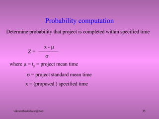 Probability computation Determine probability that project is completed within specified time where    = t p  = project mean time      = project standard mean time x = (proposed ) specified time  Z =  x -    