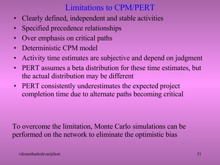 Limitations to CPM/PERT Clearly defined, independent and stable activities Specified precedence relationships Over emphasis on critical paths Deterministic CPM model Activity time estimates are subjective and depend on judgment PERT assumes a beta distribution for these time estimates, but the actual distribution may be different PERT consistently underestimates the expected project completion time due to alternate paths becoming critical To overcome the limitation, Monte Carlo simulations can be performed on the network to eliminate the optimistic bias 