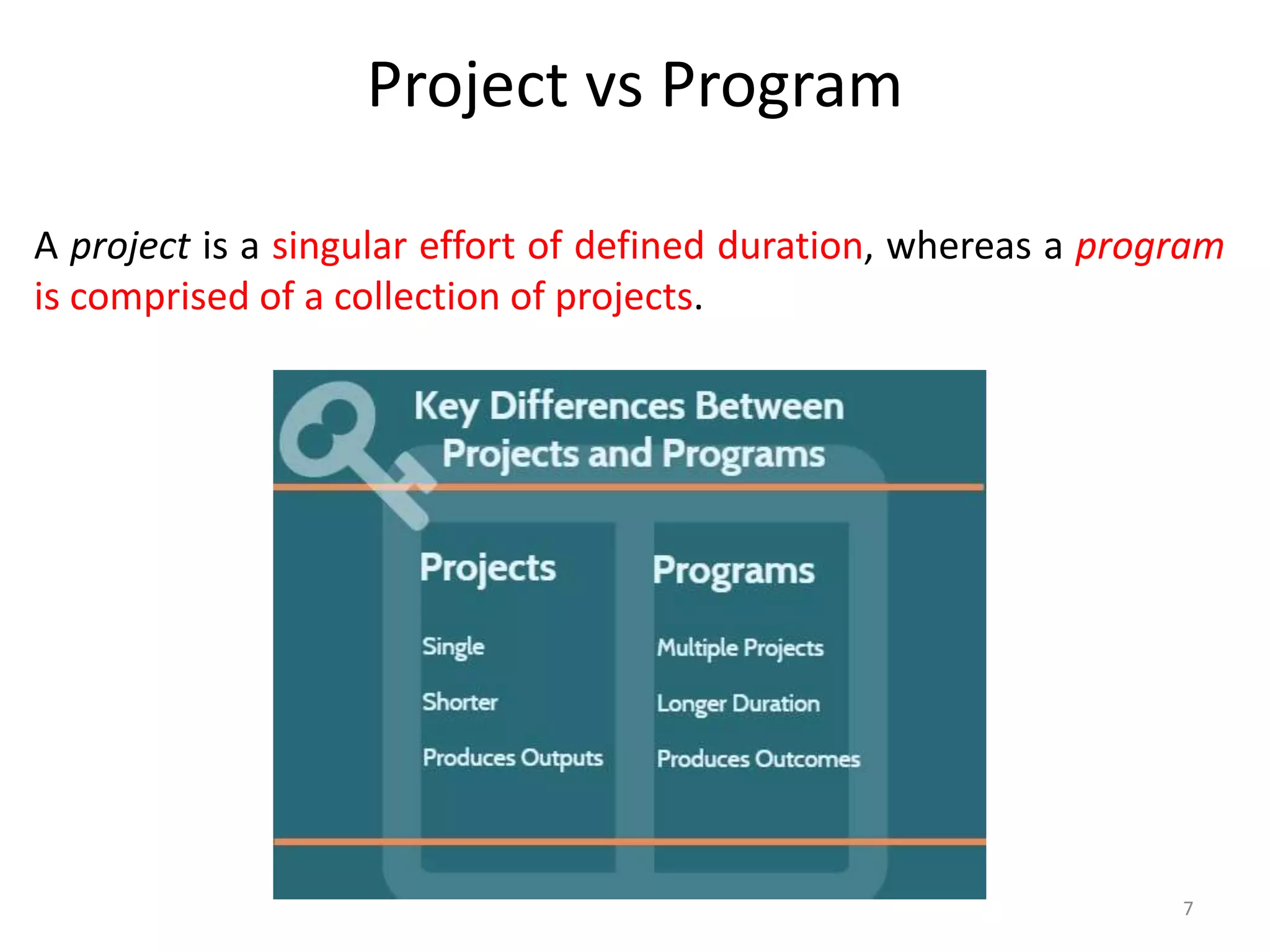 Project vs Program
A project is a singular effort of defined duration, whereas a program
is comprised of a collection of projects.
7
 