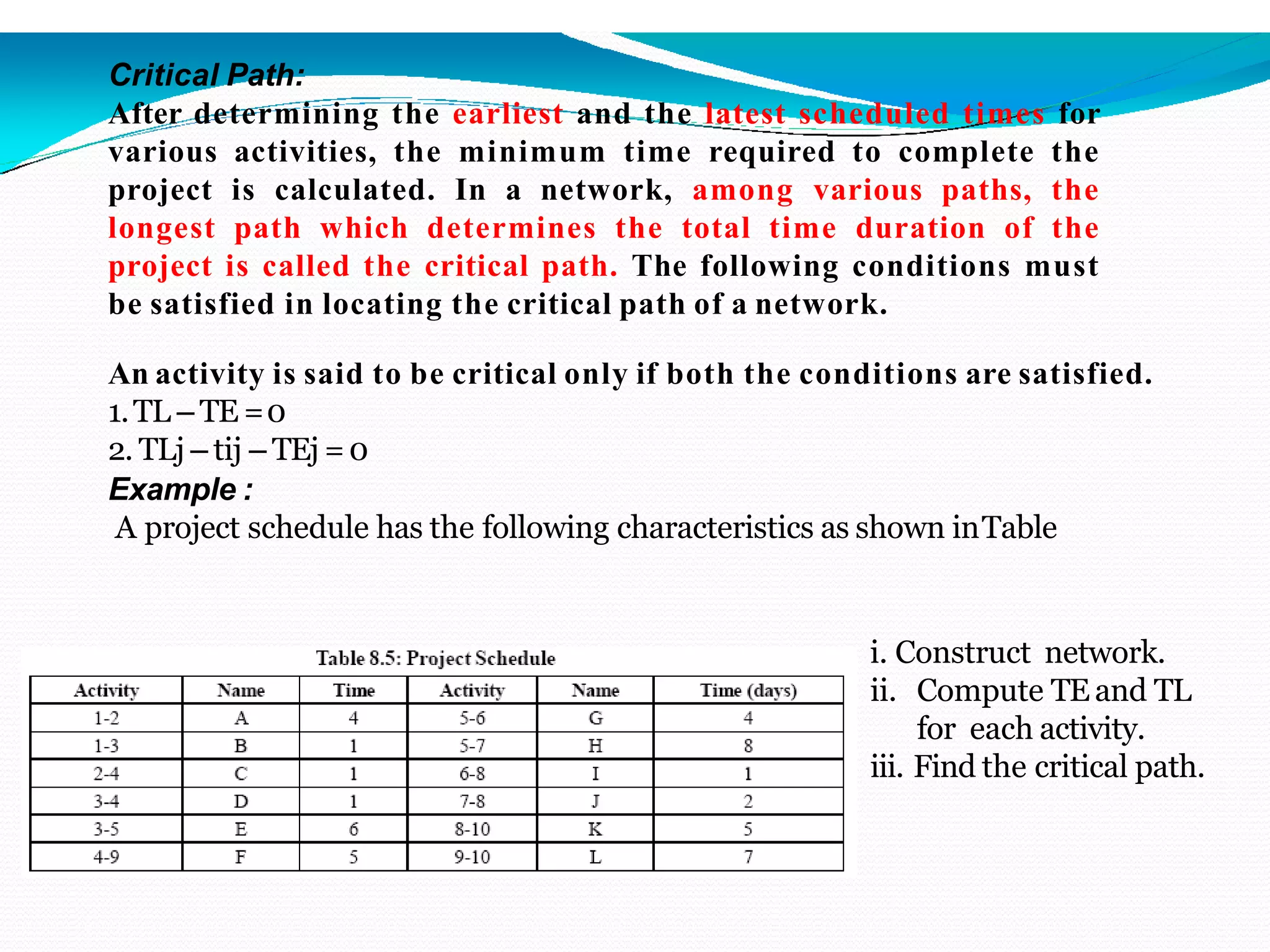 Critical Path:
After determining the earliest and the latest scheduled times for
various activities, the minimum time required to complete the
project is calculated. In a network, among various paths, the
longest path which determines the total time duration of the
project is called the critical path. The following conditions must
be satisfied in locating the critical path of a network.
An activity is said to be critical only if both the conditions are satisfied.
1.TL – TE =0
2. TLj – tij – TEj =0
Example :
A project schedule has the following characteristics as shown inTable
i. Construct network.
ii. Compute TE and TL
for each activity.
iii. Find the critical path.
 