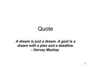 Quote A dream is just a dream. A goal is a dream with a plan and a deadline. - Harvey Mackay  