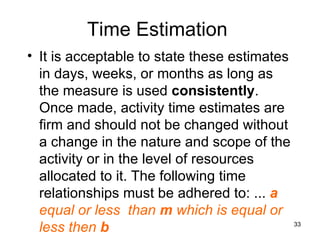Time Estimation It is acceptable to state these estimates in days, weeks, or months as long as the measure is used  consistently . Once made, activity time estimates are firm and should not be changed without a change in the nature and scope of the activity or in the level of resources allocated to it. The following time relationships must be adhered to: ...  a  equal or less  than  m  which is equal or less then  b   