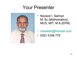 Your Presenter Naveed I. Salman M. Sc (Mathematics), MCS, MIT, M.A.(EPM) [email_address] 0321 5168 779 