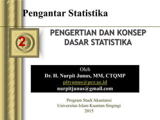 Pengantar Statistika
Oleh
Dr. H. Nurpit Junus, MM, CTQMP
pityunus@pcr.ac.id
nurpitjunus@gmail.com
Program Studi Akuntansi
Universitas Islam Kuantan Singingi
2015
2
 