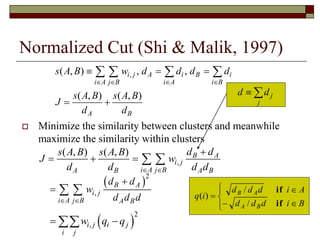 Normalized Cut (Shi & Malik, 1997)
 Minimize the similarity between clusters and meanwhile
maximize the similarity within clusters
,( , ) , ,
( , ) ( , )
i j A i B i
i A j B i A i B
A B
s A B w d d d d
s A B s A B
J
d d
   
  
 
   
,
( , ) ( , ) B A
i j
i A j BA B A B
d ds A B s A B
J w
d d d d 

    
j
j
d d 
 2
,
B A
i j
i A j B A B
d d
w
d d d 

  







Biddd
Aiddd
iq
BA
AB
if
if
/
/
)(
 
2
,i j i j
i j
w q q 
 