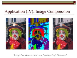 Application (IV): Image Compression
http://www.ece.neu.edu/groups/rpl/kmeans/
 