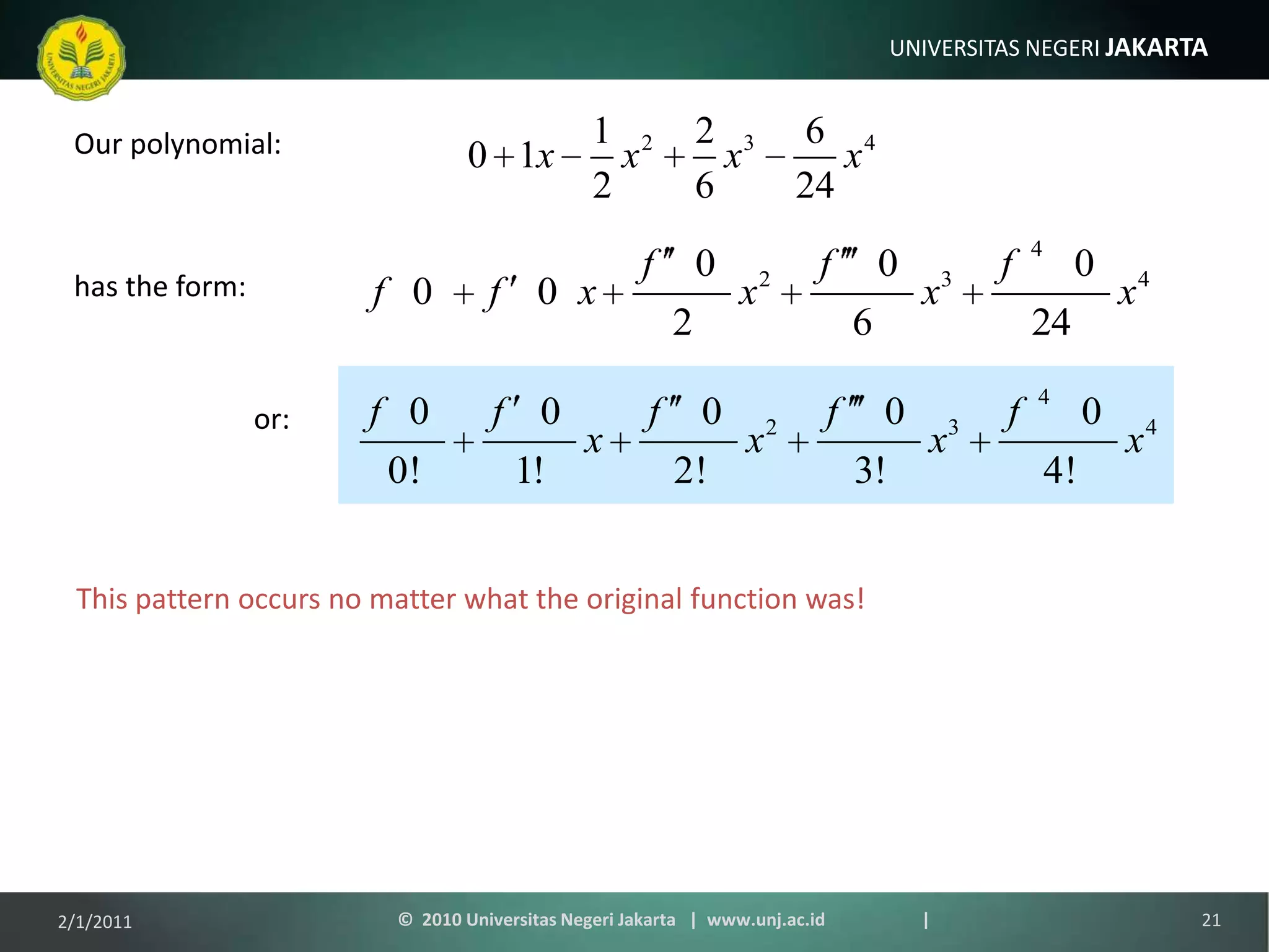 This pattern occurs no matter what the original function was!Our polynomial:has the form:or:1/9/201121©  2010 Universitas Negeri Jakarta   |  www.unj.ac.id                      |