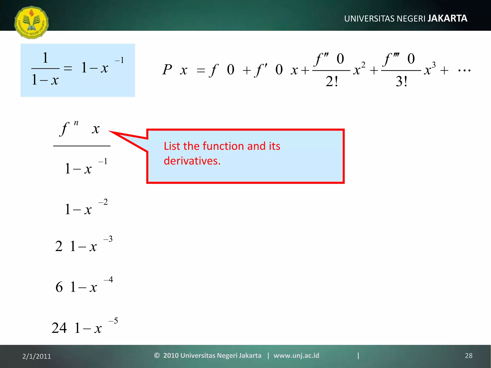 List the function and itsderivatives.1/9/201128©  2010 Universitas Negeri Jakarta   |  www.unj.ac.id                      |