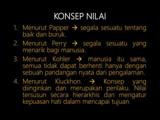 KONSEP NILAI
1. Menurut Papper  segala sesuatu tentang
baik dan buruk.
2. Menurut Perry  segala sesuatu yang
menarik bagi manusia.
3. Menurut Kohler  manusia itu sama,
semua tidak dapat berhenti hanya dengan
sebuah pandangan nyata dari pengalaman.
4. Menurut Kluckhon  Konsep yang
diinginkan dan merupakan perilaku. Nilai
tersusun secara hierarkhis dan mengatur
kepuasan hati dalam mencapai tujuan
 