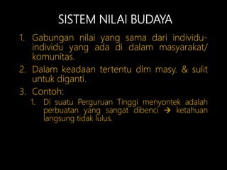 SISTEM NILAI BUDAYA
1. Gabungan nilai yang sama dari individu-
individu yang ada di dalam masyarakat/
komunitas.
2. Dalam keadaan tertentu dlm masy. & sulit
untuk diganti.
3. Contoh:
1. Di suatu Perguruan Tinggi menyontek adalah
perbuatan yang sangat dibenci  ketahuan
langsung tidak lulus.
 