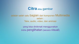 Citra atau gambar
adalah salah satu bagian dari komponen Multimedia
selain :
Teks, audio, video, dan animasi
yang bisa dinikmati menggunakan
indra penglihatan (secara visual)
 