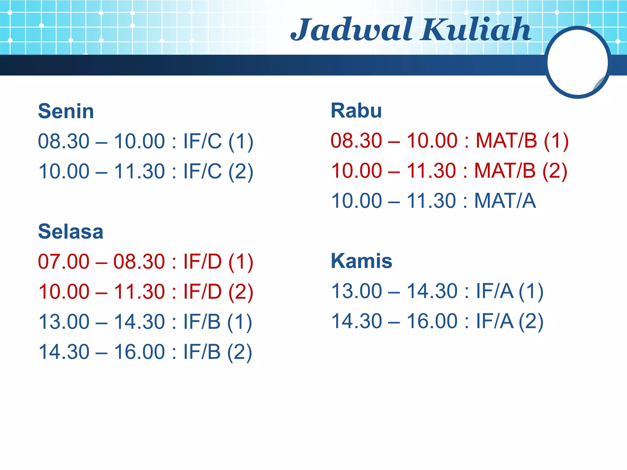 Jadwal Kuliah

Senin                        Rabu
08.30 – 10.00 : IF/C (1)     08.30 – 10.00 : MAT/B (1)
10.00 – 11.30 : IF/C (2)     10.00 – 11.30 : MAT/B (2)
                             10.00 – 11.30 : MAT/A
Selasa
07.00 – 08.30 : IF/D (1)     Kamis
10.00 – 11.30 : IF/D (2)     13.00 – 14.30 : IF/A (1)
13.00 – 14.30 : IF/B (1)     14.30 – 16.00 : IF/A (2)
14.30 – 16.00 : IF/B (2)
 